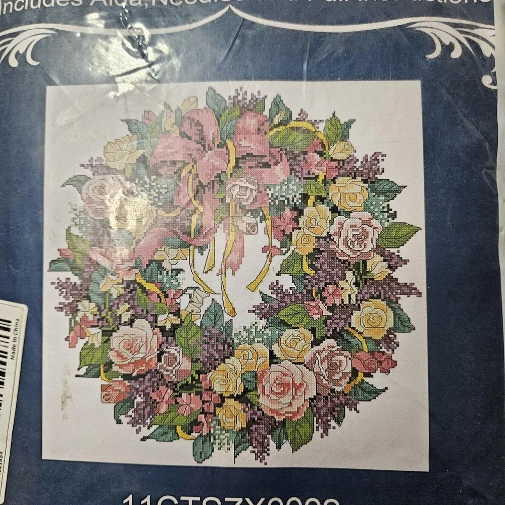 Floral Rose Wreath Cross Stitch Kit‎ 11CT Picture 45x45cm Fabric New Needles